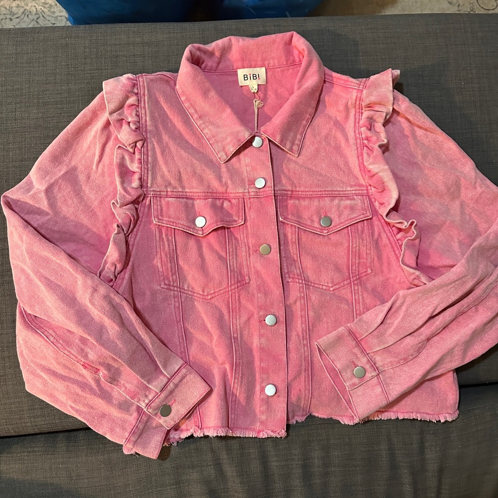 Bibi Pink Ruffle Denim Jacket